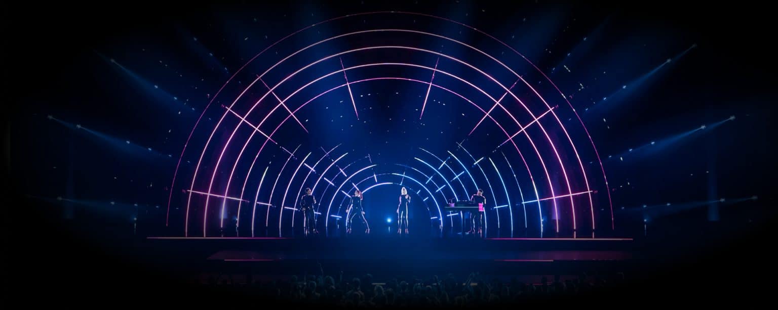 ABBA Voyage performance. The band members perform on stage. There is domed lighting behind them, like a rainbow shape. A crowd stands in front of them, watching the performance.
